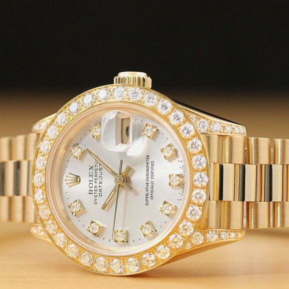 WOW!! ROLEX LADIES PRESIDENT 1CT++ DIAMONDS 18K GOLD WATCH BOX TAGS